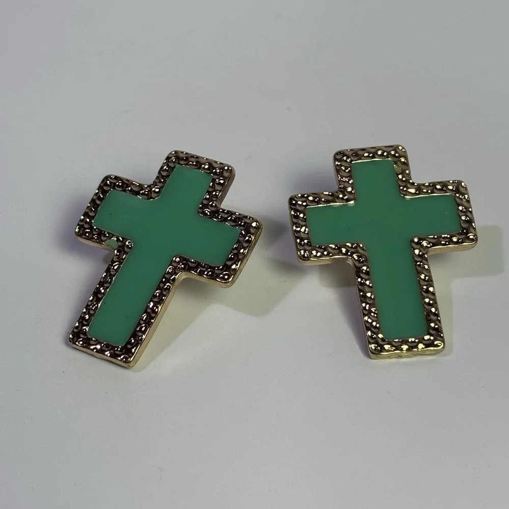 Cross Earrings Religious‎ Crucifix Green Enamel On Gold Tone Huge